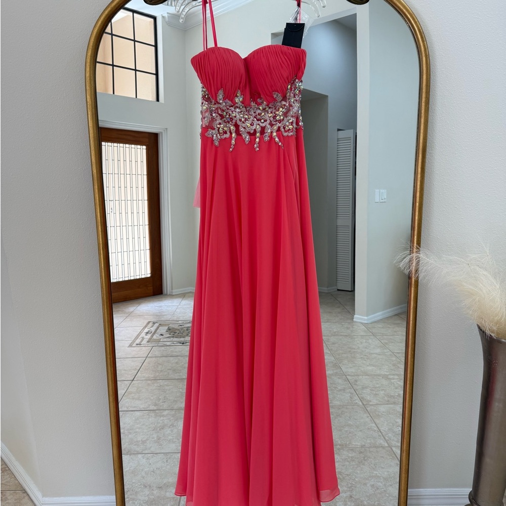 Elegant Pink Strapless Gown with Embellished Bodice